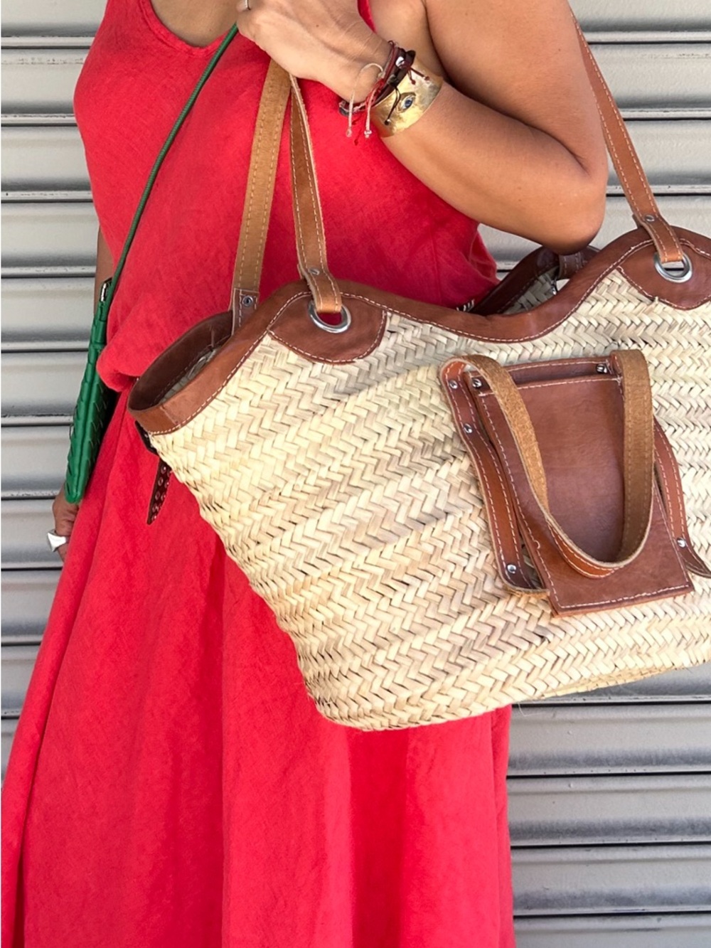 Handwoven Straw Tote with Brown Leather Trim.